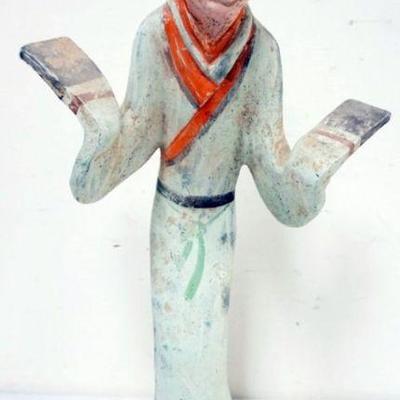 1175	CHINESE TERRACOTTA PLOYCHROME DECORATED FIGURE OF DANCER, APPROXIMATELY 20 IN H
