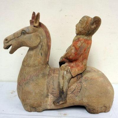 1165	CHINESE TERRACOTTA 2 PART POLYCHROME DECORATED MAN ON HORSE, BODY APPROXIMATELY 8 IN X 20 IN X 17 IN H
