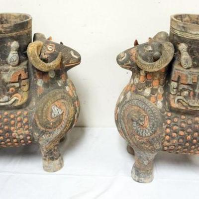 1188	CHINESE TERRACOTTA POLYCHROME DECORATED DOUBLE RAM HEADS POTS, EACH APPROXIMATELY 9 IN X 18 IN X 20 INH
