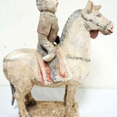 1171	CHINESE TERRACOTTA FIGURE OF A MAN SEATED ON HORSE, APPROXIMATEY 5 IN X 15 IN X 16 IN H

