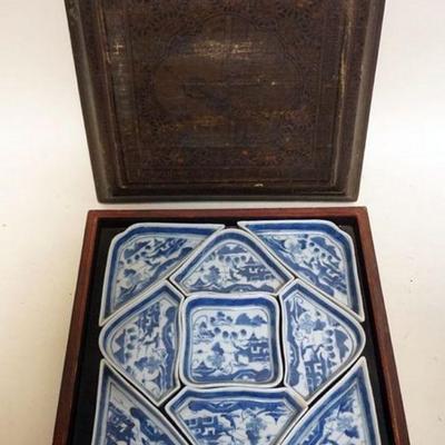 1149	CHINESE CANTON PORCELAIN DIVIDED DISHES IN LACUERED BOX, BOX APPROXIMATELY 12 IN SQ X 4 1/2 IN H,CRACKS ON 2 DISHES
