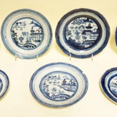 1129	CHINESE CANTON GROUP OF 7 DISHES, LARGEST APPROXIMATELY 9 IN, MOST WITH DAMAGE - CHIPS, CRACKS
