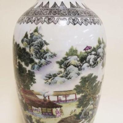 1072	LARGE CHINESE PORCELAIN VASE W/SCENES DEPICTING TEMPLES & PEOPLE, CHARACTER MARKS ON BASE, APPROXIMATELY 18 IN HIGH
