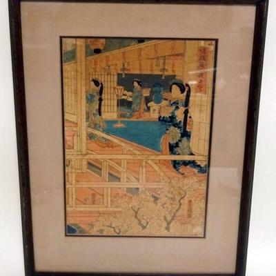 1087	JAPANESE WOOD  BLOCK PRINT APPROXIMATELY 16 IN X 21 IN OVERALL
