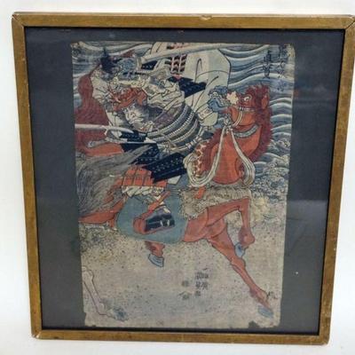 1100	JAPANESE WOOD  BLOCK PRINT APPROXIMATELY 15 IN X 16 IN OVERALL, SOME LOSS TO EDGES
