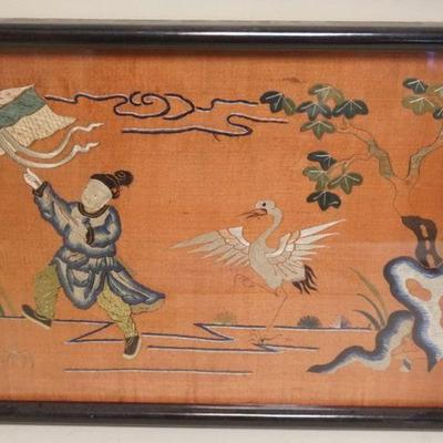 1112	FRAMED CHINESE EMBROIDERED SILK, MAN WITH KITE FOLLOWED BY STORK, APPROXIMATELY 13 IN X 17 IN OVERALL
