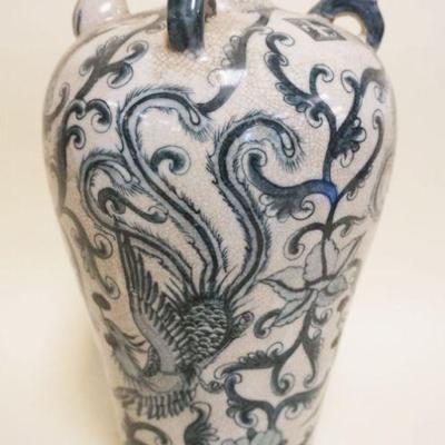 1045	CHINESE BLUE & WHITE POTTERY VESSEL W/SPOUT, IMAGES OF BIRDS & FLOWER
