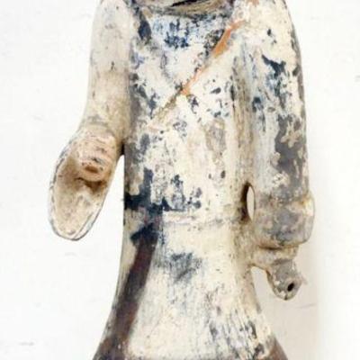1169	CHINESE TERRACOTTA POLYCHROME DECORATED FIGURE OF A MAN, APPROXIMATELY 18 IN H
