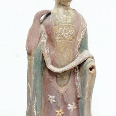 1182	CHINESE TERRACOTTA POLYCHROME DECORATED FIGURE OF A WOMAN, APPROXIMATELY 18 IN H
