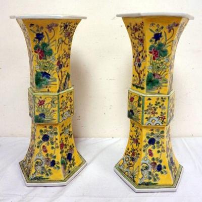 1242	PAIR OF CHINESE PORCELAIN VASES WITH PANELED SIDES AND CHARACTER MARKS ON BASE, EACH APPROXIMATELY 16 1/2 IN H
