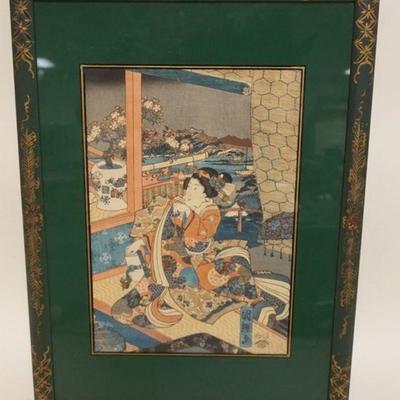 1084	JAPANESE WOOD BLOCK PRINT IN FRAME WITH REVERED PAINTED GLASS BORDER, APPROXIMATELY 16 IN X 22 IN OVERALL
