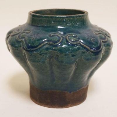 1052	ASIAN GREEN GLAZED POTTERY JAR, APPROXIMATELY 5 1/2 IN HIGH
