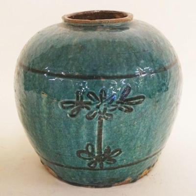 1049	ASIAN TEAL GLAZED POTTERY POT W/DECORATED ACCENTS, APPROXIMATELY 9 IN HIGH
