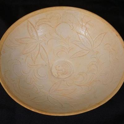 1011	ASIAN THIN POTTERY BOWL W/INCISED VINE W/LEAVES & FISH DECORATION, APPROXIMATELY 10 1/2 IN X 3 IN
