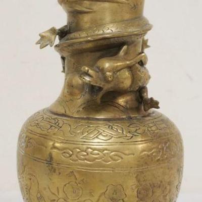 1265	ASIAN BRASS VASE W/DRAGON & INCISED FLOWERS, HOLES DRILLED FOR LAMP
