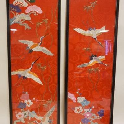 1107	PAIR OF ASIAN SILK EMBROIDERED TEXTILES, IMAGES OF CRANES AND FLOWERS, EACH APPROXIMATELY 13 1/2 IN X 39 IN OVERALL
