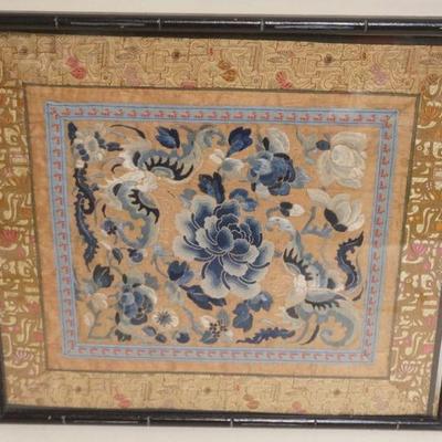 1105	FRAMED EMBROIDERED CHINESE SILK, APPROXIMATELY 17 1/2 IN X 16 IN OVERALL
