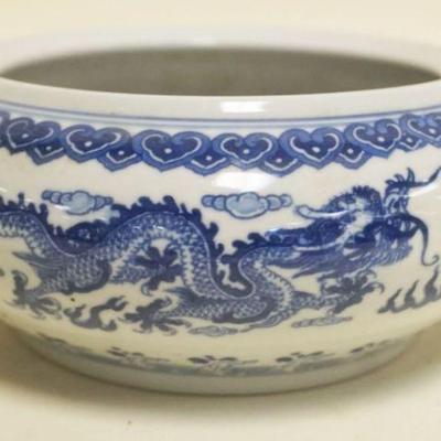 1047	ASIAN BLUE & WHITE PORCELAIN BOWL W/IMAGES OF DRAGON, APPROXIMATELY 8 IN X 4 IN HIGH
