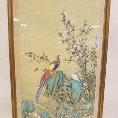 1082	LARGE FRAMED PAINTING ON SILK OF EXOTIC BIRDS AND FLOWERS, APPROXIMATELY 21 1/2 IN X 41 1/2 IN OVERALL
