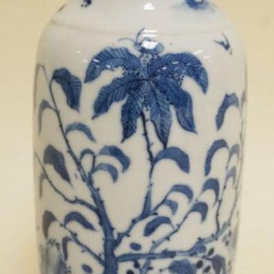 1147	CHINESE PORCELAIN BLUE AND WHITE VASE, IMAGE OF TREES, BUTTERFLYS AND DRAGONFLYS, MARKED ON BASE, APPROXIMATELY 8 1/2 IN H
