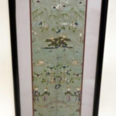 1113	FRAMED CHINESE EMBROIDERED SILK,  APPROXIMATELY 10 IN X 21 IN OVERALL
