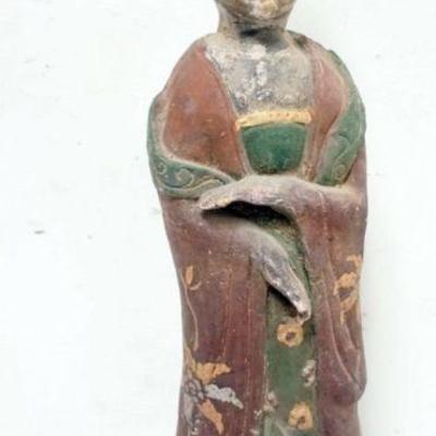 1179	CHINESE TERRACOTTA POLYCHROME DECORATED FIGURE OF A WOMAN, APPROXIMATELY 17 IN H

