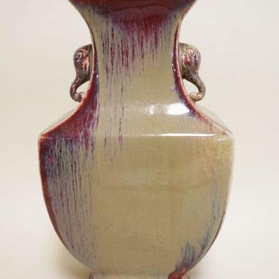 1014	CHINESE FLAMBE GLAZE PORCELAIN VASE W/ELEPHANT HEADS, APPROXIMATELY 13 1/2 IN HIGH
