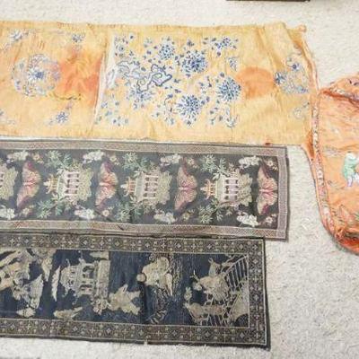 1281	GROUP OF ASSORTED ASIAN TEXTILES INCLUDING EMBROIDERED SILK, LARGEST PIECE APPROXIMATELY 61 IN X 20 IN
