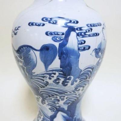 1078	LARGE ASIAN BLUE & WHITE PORCELAIN VASE W/REPAIRS, APPROXIMATELY 15 IN HIGH
