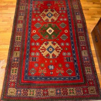 Hand-Knotted Caucasian Style Rug in Red & Green Wool Design