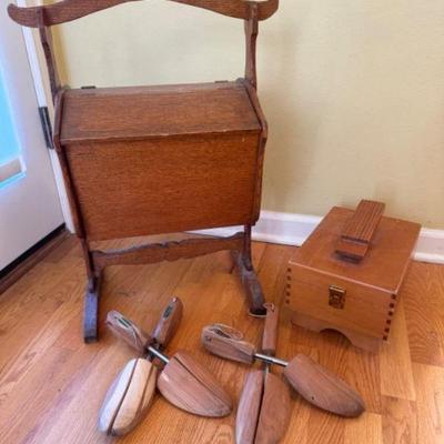 Vintage Sewing Stand, Shoe Shine Box, & Shoe Tree Set (2)	