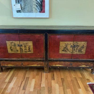 Antique Chinese Lacquer Sideboard w/ Hand-Painted Landscape	