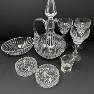 Pressed Crystal Glasses, Lead Decanter, Atlantis Crystal Bowl & Ashtrays	