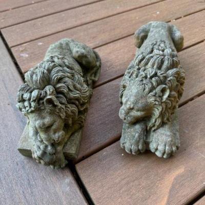 ﻿Pair Of 12" Concrete Sleeping Lion Statues