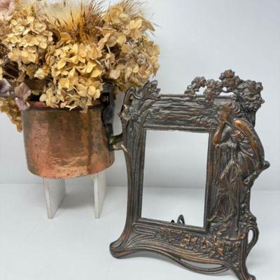 Antique Art Nouveau Iron Frame & Copper Teapot w/ Dried Flowers	