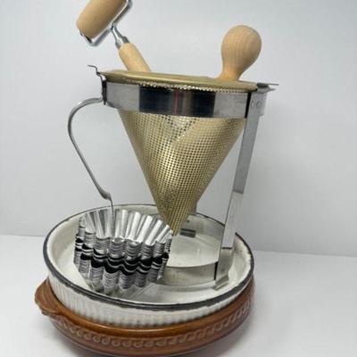 Vintage French Degoin Grespot Casseroles, Cone Sieve & Dough Roller +