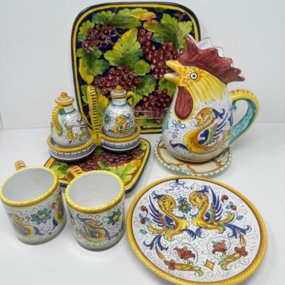 Dip A Mano Siena Pottery: Rooster Coffee Mugs, Pitcher, Serving Plate+