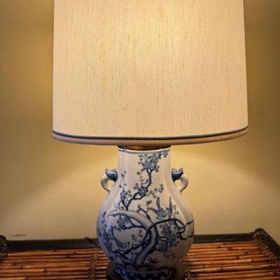 Blue Ceramic Table Lamp w/ Birds & Blossom Design	