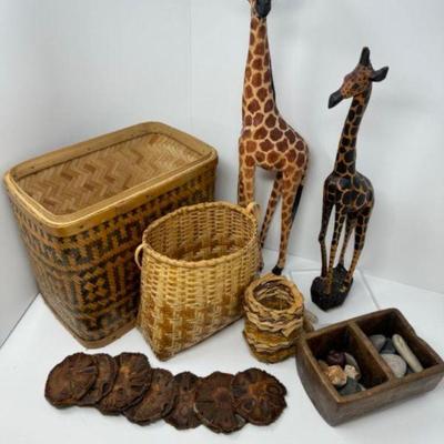Vintage Hand Carved Giraffe, Banksia-nut Coasters, Bamboo Baskets+	