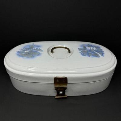 Vintage German Metal Lock Box in Blue & White Dutch Windmill Scene	