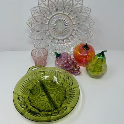 Iridescent Carnival Bowl, Green Relish Tray, Handblown Paperweight Glass +