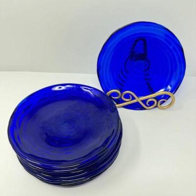Handblown Art Glass Bowl w/ Textured Swirl Design + Matching Plates