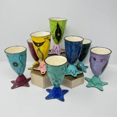 8-Pc. Kri Kri Handcrafted Glazed Ceramic Goblets w/ Star Shaped Base