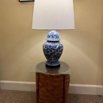 ﻿Blue & White Ceramic Lamp + Bamboo Wicker End Table Set	