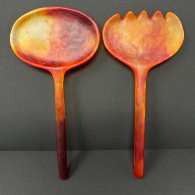 Oversized Salad Server Spoon & Fork in Fiery Orange Design