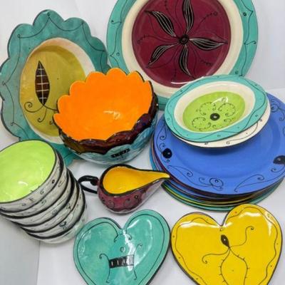 28 Pcs. Signed Kri Kri Handcrafted Pottery Dishes In Vibrant Colors