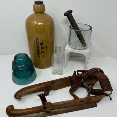 Collection of Odd Antiques: Ice Skate Buttons, Railroad Nail, Teal Glass, & More	