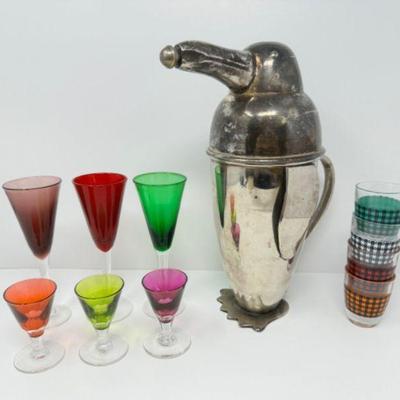 Checker Design Shot Glasses, Penguin Cocktail Shaker, & Multi-Color Cordial Glasses