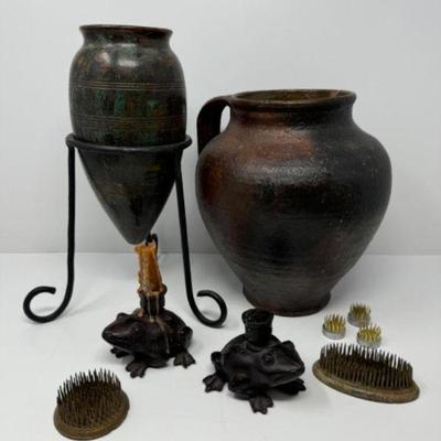 ﻿Antique Jar & Vase, Iron Frog Candle Holders, & Metal Flower Frogs	