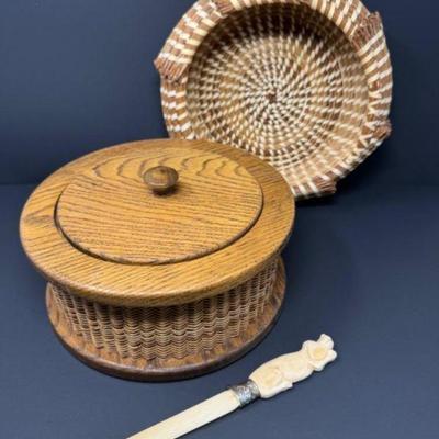 Carved Bone Letter Opener, Handwoven Basket & Lidded Nantucket Basket